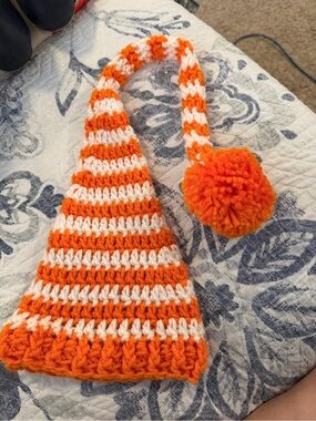 Kids Striped Crochet Beanie Hat with Pom Pom - Orange & White